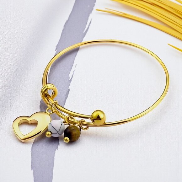 Boho Chic Bangle with Heart Tiger's Eye & Magnesite Charms 18K Gold Plated - Picture 6 of 14